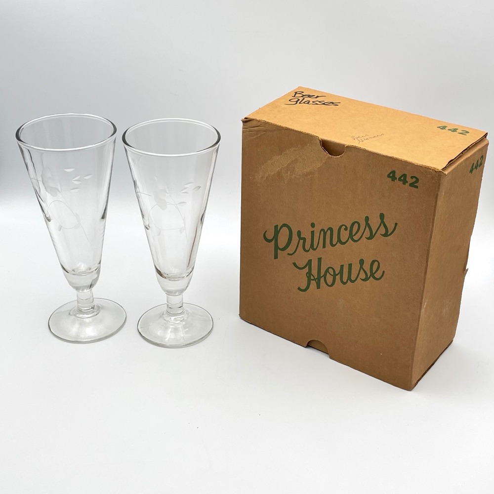 Vintage 1982 Princess House Heritage Pilsner Beer Glasses Set 2 Boxed 7.5"